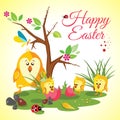 Happy Easter background meadow with cute chickens family, ladybug, butterfly and tree