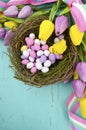 Happy Easter background with painted Easter eggs in birds nest Royalty Free Stock Photo