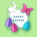 Happy easter background with paper colorful eggs, butterfly a Royalty Free Stock Photo