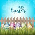 Happy Easter background with realistic 3d colorful eggs, wooden fence, and daisy flowers Royalty Free Stock Photo