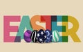 Happy Easter background with realistic decorated eggs and colorful multiply text . Greeting card trendy design. Invitation templat Royalty Free Stock Photo