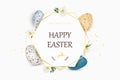 Happy Easter background with realistic decorated quail Easter eggs. Decorative frame with eggs, spring flowers, grass Royalty Free Stock Photo
