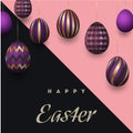 Happy Easter background with realistic golden decorated eggs and cute doodles. Greeting card trendy design. Invitation Royalty Free Stock Photo