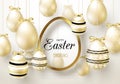 Happy Easter background with realistic golden shine decorated eggs. Design layout for invitation, greeting card, ad, promotion, ba Royalty Free Stock Photo