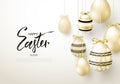 Happy Easter background with realistic golden shine decorated eggs. Design layout for invitation, greeting card, ad, promotion, ba Royalty Free Stock Photo