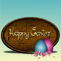 Happy Easter background with realistic  wooden round shape sign, colorful eggs, and apple flowers, colorful banner for easter sale Royalty Free Stock Photo