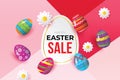 Happy Easter background template with beautiful flower and eggs. Happy Easter sale banner lettering with Colorful Eggs. Royalty Free Stock Photo