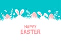 Happy Easter Banner With Bunny, Flowers And Eggs. Egg Hunt Poster. Spring Background In Modern Style