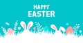 Happy Easter banner with bunny, flowers and eggs. Egg hunt poster. Spring background in modern style