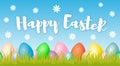 Happy easter banner with colorful eggs on spring background with white flower Royalty Free Stock Photo
