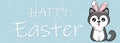 Happy Easter banner. Cute cartoon dog husky with pink rabbit ears is sitting