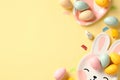 Happy Easter banner design with colorful Easter eggs and tableware on yellow background