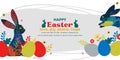 Happy Easter banner with frame made of eggs bunnies and spring flowers in flat style