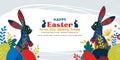 Happy Easter banner with frame made of eggs bunnies and spring flowers in flat style