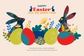 Happy Easter banner with frame made of eggs bunnies and spring flowers in flat style