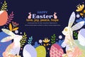 Happy Easter banner with frame made of eggs bunnies and spring flowers in flat style