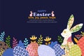 Happy Easter banner with frame made of eggs bunnies and spring flowers in flat style