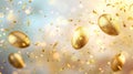 Happy Easter banner with gold eggs and confetti on blurred background. Spring holiday greetings, header or footer for a