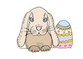Happy Easter banner. Greeting card with peeking rabbit with egg . Bunny ears. Egg hunt. Vector illustration