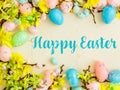 Happy Easter Banner with multiple coloured Easter eggs surrounded by spring flowers Royalty Free Stock Photo