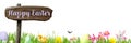 Happy Easter Banner with spring flowers, Easter eggs, rabbits and baby chic Royalty Free Stock Photo