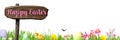 Happy Easter Banner with spring flowers, Easter eggs, rabbits and baby chic Royalty Free Stock Photo