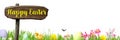 Happy Easter Banner with spring flowers, Easter eggs, rabbits and baby chic