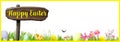 Happy Easter Banner with spring flowers, Easter eggs, rabbits and baby chic