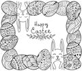 Happy Easter banner. Zen tangle eggs with decorative ornamental elements,rabbits,bunny.