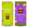 Happy Easter banners set with Colorful Eggs, Yellow Chick ,Crocus, Cake, Bunny Rabbit,Carrots,bouquet of flowers,Basket.Spring Hol Royalty Free Stock Photo