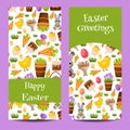 Happy Easter banners set with Colorful Eggs, Yellow Chick ,Crocus, Cake, Bunny Rabbit,Carrots,bouquet of flowers,Basket Royalty Free Stock Photo