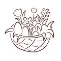 Happy Easter Basket with eggs, flowers daisy and tulip. Line art, hand drawn style. Vector illustration isolated on a