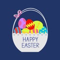 Happy Easter. Basket full of colored eggs. Flat design