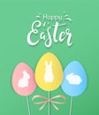 Happy Easter beautiful modern greeting card or banner design with colorful decorative paper Eggs on sticks. Rabbit silhouettes Royalty Free Stock Photo