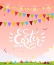 Happy easter. Beautiful modern holiday banner with the inscription, eggs in the meadow, pink sky background. Flat cartoon vector