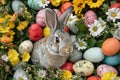 Happy easter birthday card Eggs Easter Eggstravaganza Basket. White daffodil Bunny cottontail. asters background wallpaper