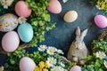 Happy easter birthday card Eggs Easter surprise Basket. White personal anecdote Bunny merry. creative background wallpaper Royalty Free Stock Photo