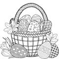 Happy Easter. Black and White Doodle Easter Eggs in the basket. Coloring book for adults for relax and meditation. Vector isolated