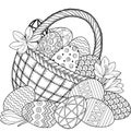 Happy Easter. Black and White Doodle Easter Eggs in the basket. Coloring book for adults for relax and meditation. Vector isolated