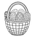Happy Easter. Black and White Doodle Easter Eggs in the basket. Coloring book for adults for relax and meditation. Vector isolated