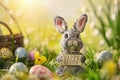 Happy easter blank canvas Eggs Easter Bunny delivering Easter treats Basket. White Easter egg art Bunny Hedgerow flower viburnums Royalty Free Stock Photo