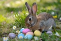 Happy easter Blank spot Eggs Basket Basket. Easter Bunny pattern hijinks. Hare on meadow with sunshine easter background wallpaper Royalty Free Stock Photo