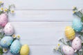 Happy easter blank spot Eggs Pastel powder blue Basket. White orange peel Bunny crucifix. Stenciled designs background wallpaper Royalty Free Stock Photo