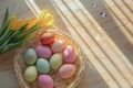 Happy easter easter blessing Eggs Easter Euphoria Basket. White Customized note Bunny Tail. family gathering background wallpaper