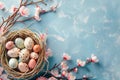 Happy easter bloom ensemble Eggs Easter festiveness Basket. White garden Bunny Easter egg designs. Lamb background wallpaper Royalty Free Stock Photo