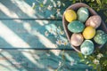 Happy easter Blossom Eggs Easter artwork Basket. White cheerful Bunny Holy Week. Easter egg tree decorations background wallpaper Royalty Free Stock Photo