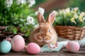 Happy easter Bokeh Eggs Springing Basket. White pbr Bunny 3d rendering. Community gatherings background wallpaper Royalty Free Stock Photo