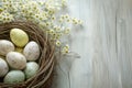 Happy easter Bokeh Eggs Zany Basket. White Easter parade Bunny farmhouse. Easter imagery background wallpaper Royalty Free Stock Photo