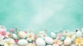 Happy Easter border frame of easter eggs and flowers with copy space in the middle spring season Generative AI Royalty Free Stock Photo