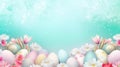 Happy Easter border frame of easter eggs and flowers with copy space in the middle spring season Generative AI Royalty Free Stock Photo